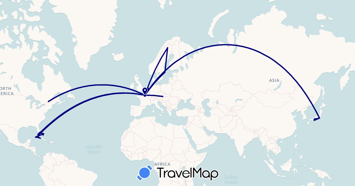 TravelMap itinerary: driving in Austria, Bahamas, Canada, Cuba, France, Japan, Netherlands, Sweden, United States (Asia, Europe, North America)
